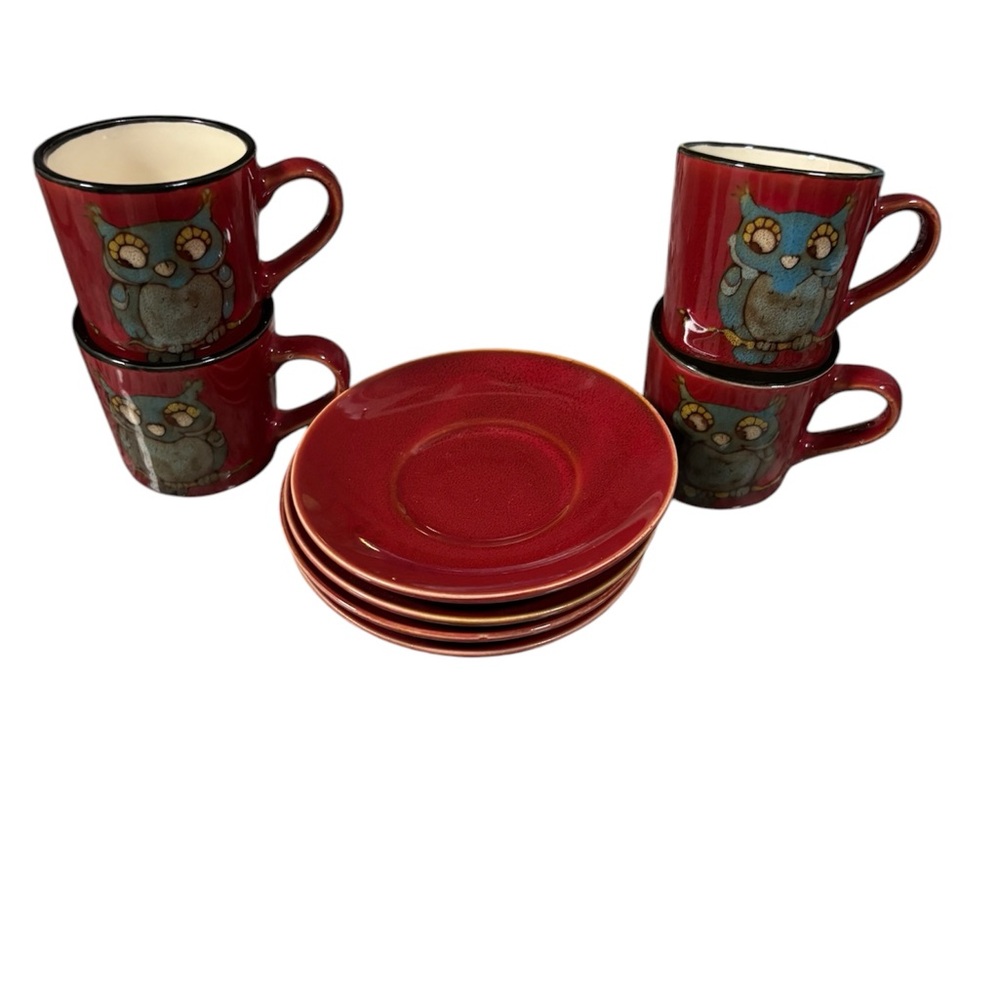 Red Owl Ceramic Espresso Cup and Saucer Set